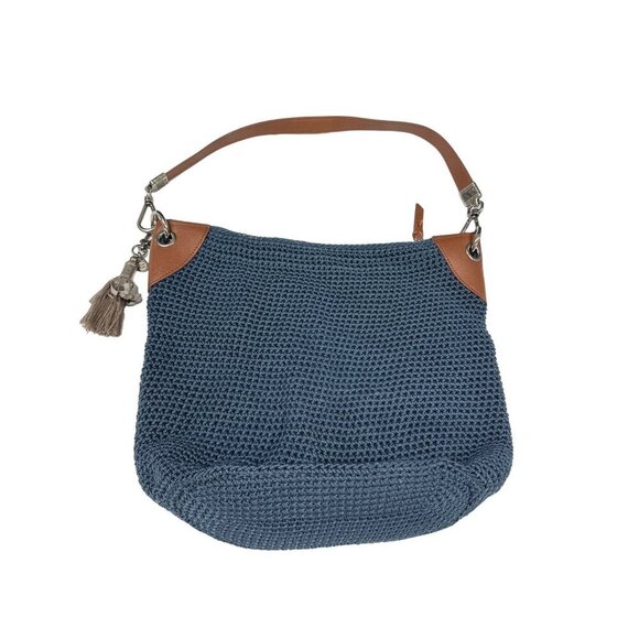 The Sak Indio Crochet Blue Knit Purse Shoulder Bag w Zipper Pockets - Picture 8 of 12